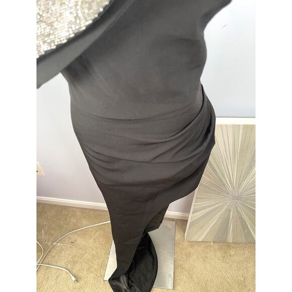 Bronx and Banco Stella One Shoulder Bow Crystal Embellished Black Maxi Gown Sz M - Picture 5 of 8